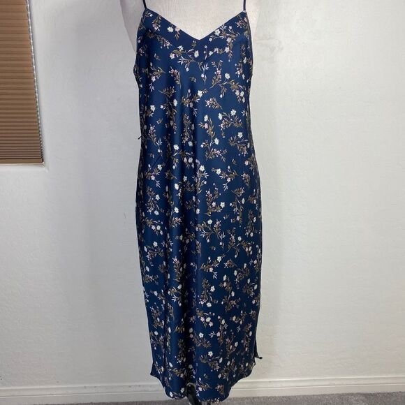 Hawthorn P/LMay Stretch Satin midi Slip Dress Navy blue floral - Picture 1 of 7